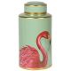 Green ceramic storage jar with painted pink flamingo and gold detail at PurpleSunrise.com home and gift Southend