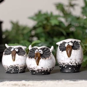 Set of 3 White Kooky Stoneware Owls